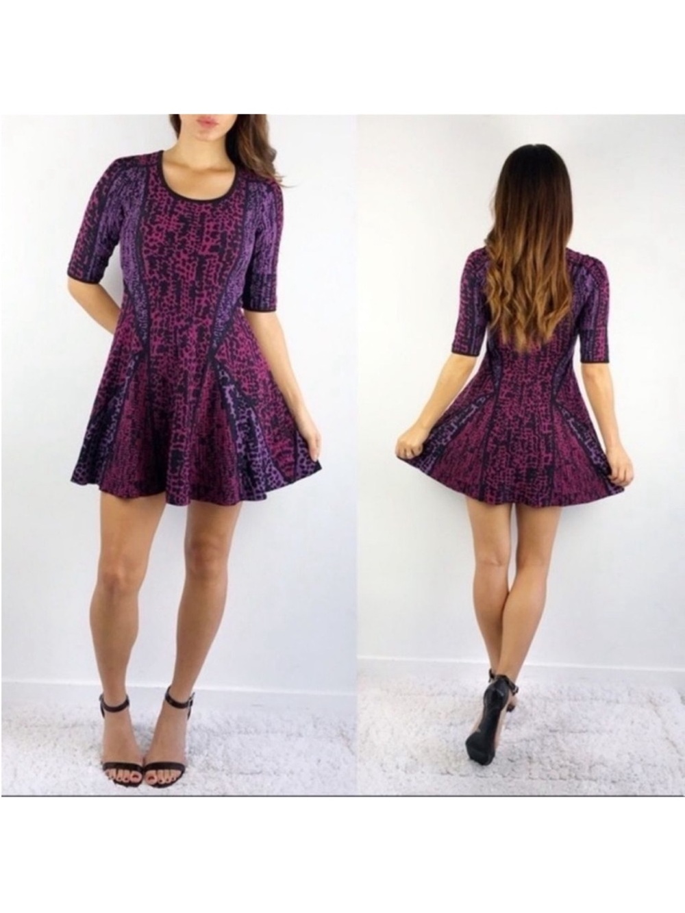NIC+ZOE Petite Small Purple Knit Fit & Flare Dress Half Sleeve Sweater Dress